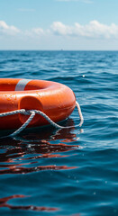Fototapeta premium Close-up of an orange-and-white lifebuoy floating on a sunlit, slightly wavy open ocean with blurred background. 