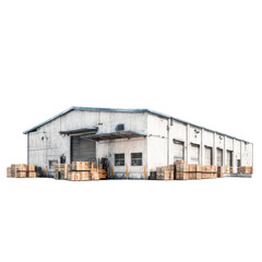 Obraz premium Large white building with a blue roof and a large white door