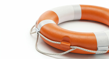 Close-up of an orange-and-white lifebuoy with rope, isolated on a pure white background.
