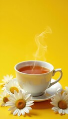 A steaming chamomile teacup sits amidst daisies on a sunny yellow backdrop , nature, herbal, health