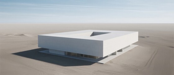 Modern minimalist building with a flat roof and large windows, situated in a barren landscape under a clear sky.