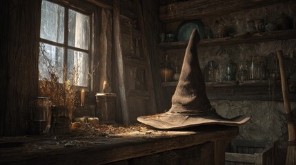 dirty and dusty old house atmosphere with a witch's hat on the table