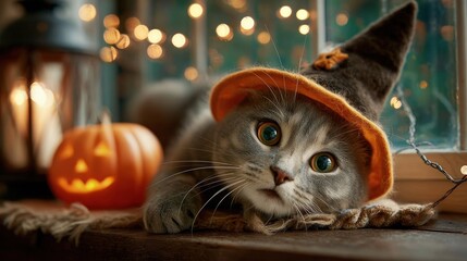 cute cat on the table and wearing a witch hat on halloween