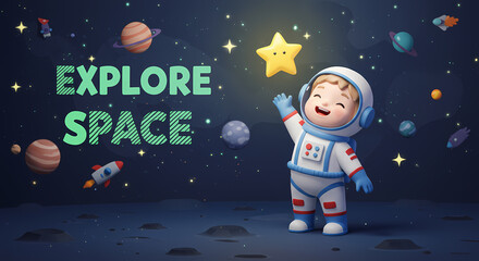 Naklejka premium 3D Children Book Illustration Astronaut Space Exploration Journey