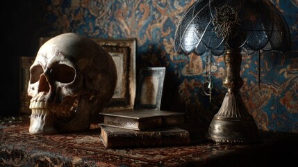old house table decoration with skull head