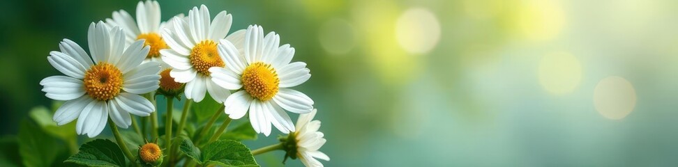 Delicate white chamomile bouquet with lush green leaves , field, aroma, stock