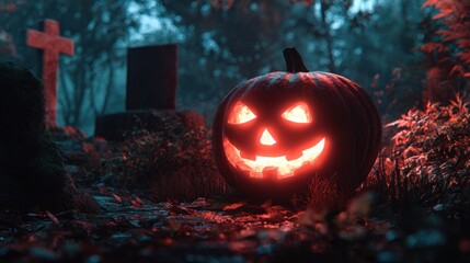 spooky cemetery and pumpkin lanterns on Halloween