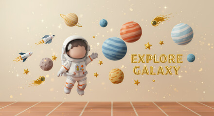 Naklejka premium 3D Children Book Illustration Adorable Astronaut Exploring Galaxy