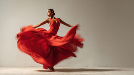 Fototapeta premium Elegant dancer spinning in flowing red dress on stage