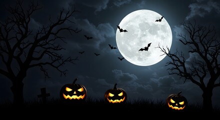 Spooky Halloween scene featuring glowing jack-o'-lanterns under a full moon with bats.