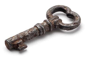 Antique rusted key on white background