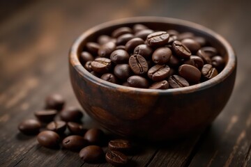 Fototapeta premium Deep roasted Balinese coffee beans in rustic bowl, aroma, culture, fresh