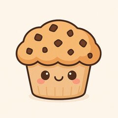 Cute kawaii cartoon chocolate chip muffin character with a happy smiling face. Adorable sweet pastry food vector illustration isolated on a light background.