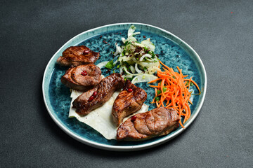 Grilled lamb shish kebab with onions and pita bread. Barbecue menu. Free space for text. Close up.