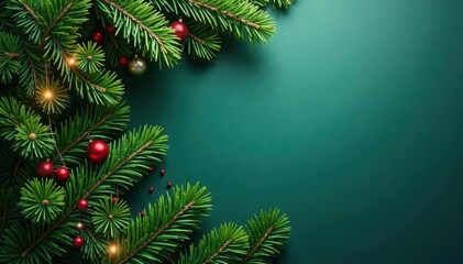 Lush green pine branches form a textured Christmas background , greeting, needle, design