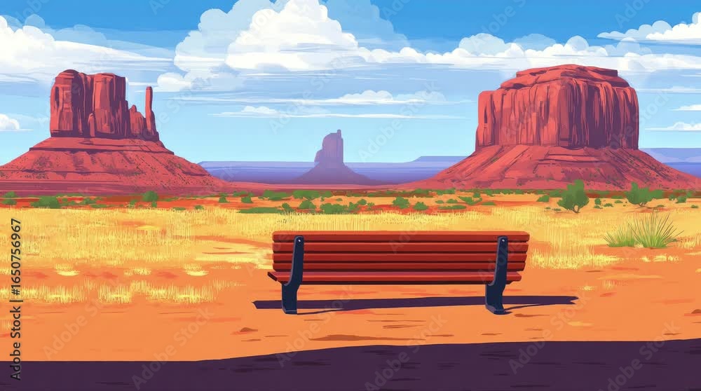 Wall mural a view of a bench with a view of buttes. 4k animated video