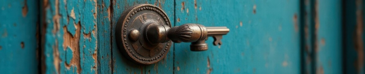 Antique blue key on weathered wooden door of grand house, large, element