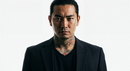 Obraz premium Striking portrait of an Asian Yakuza member in dark suit, tattoos visible, white background. 
