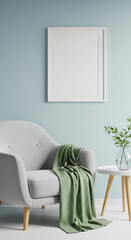 Modern living room with grey sofa and green throw blanket