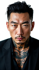 Obraz premium Striking portrait of an Asian Yakuza member in dark suit, tattoos visible, white background. 