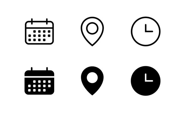 Calendar, time, clock, address, location icon set. Icons for schedule, date, reminder, adress, invitation, event, business	