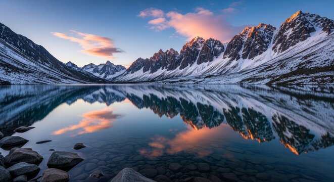 Stunning sunrise reflection of snowy mountains in