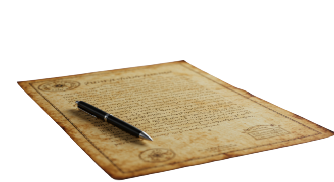 Aged parchment document (map/blueprint/script) with sleek pen on light minimalist desk, blurred modern tablet/laptop in professional studio. Concept of strategic thinking and legacy