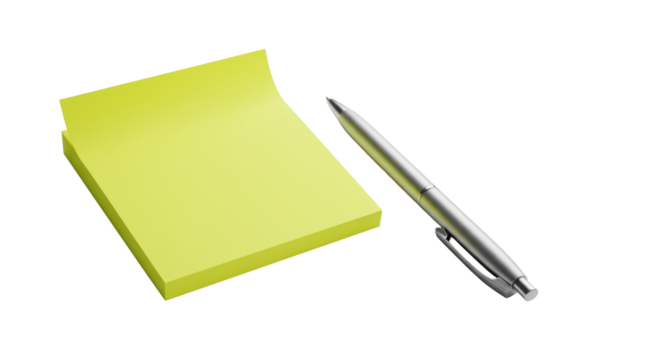 Bright yellow sticky note with curled corner and sleek black pen, on pristine textured white surface with minimalist white background, soft studio light, professional organization concept.