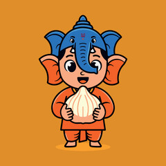 A charming cartoon illustration of a happy child dressed as Lord Ganesha, holding a modak. This fun, festive artwork is perfect for celebrating the Ganesh Chaturthi festival with a cute and modern.