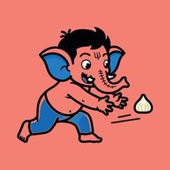 A playful and cute cartoon illustration of a young Ganesha running happily to catch a modak.