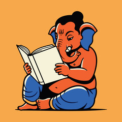A charming illustration of Lord Ganesha reading a book, symbolizing wisdom, knowledge, and intelligence.