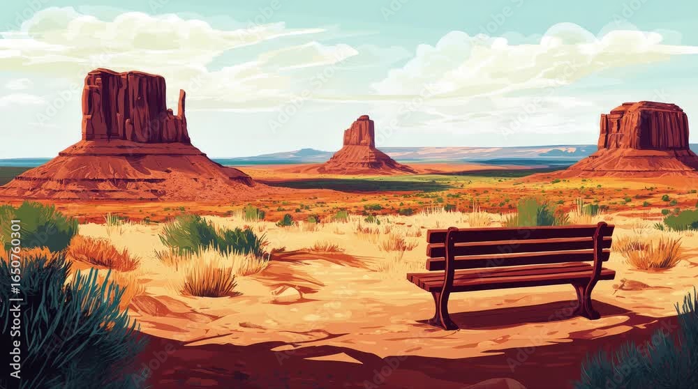 Wall mural a view of a bench with a view of buttes. 4k animated video