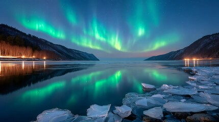 Obraz premium Northern lights reflecting in calm lake with ice and stars