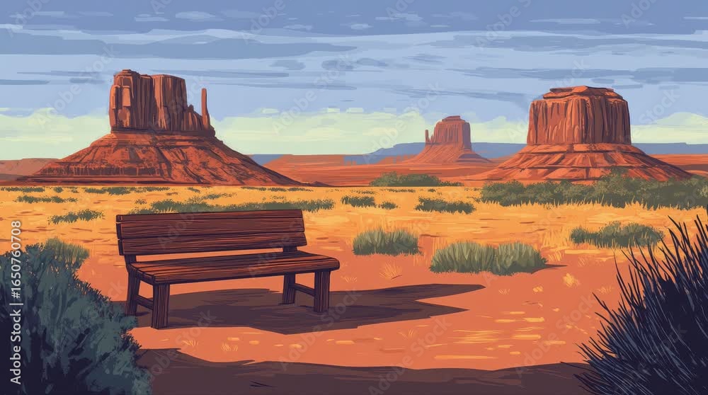 Wall mural a view of a bench with a view of buttes in the afternoon. 4k animated video