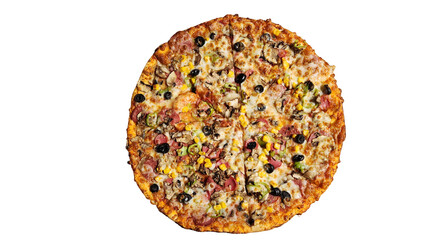 Large thin crust pizza with mixed ingredients