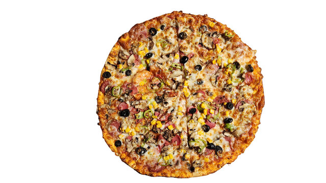 Large thin crust pizza with mixed ingredients
