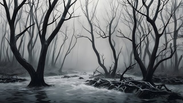An otherworldly landscape of a submerged forest enveloped in a dense, swirling mist, showcasing the stark, artistic beauty of bare trees reflected in the tranquil, dark waters