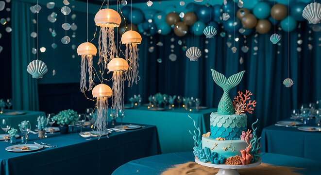 A mermaid themed party with cake, jellyfish decorations, and blue accents for an elegant and festive celebration - Powered by Adobe