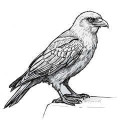 Detailed sketch of a perched crow with realistic feather details in black and white