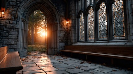 Sun shining through archway into stone chapel at sunset