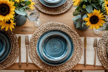 Rustic table setting with sunflowers and blue ceramic plates