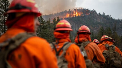 Firefighters in orange gear head toward a hillside ablaze with smoke and flames