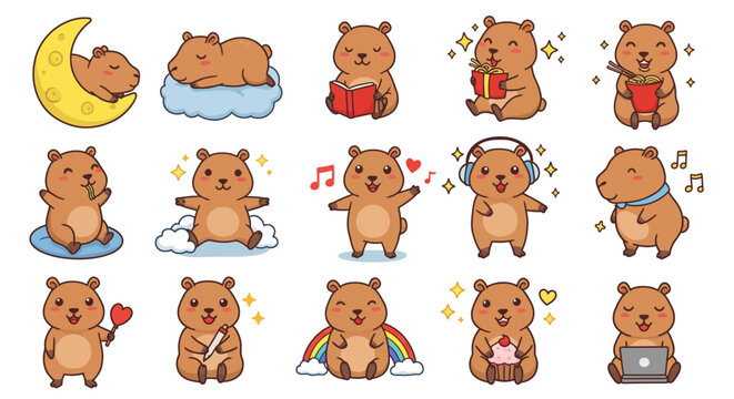  Set Sticker of Adorable Kawaii Chibi Capybara Characters