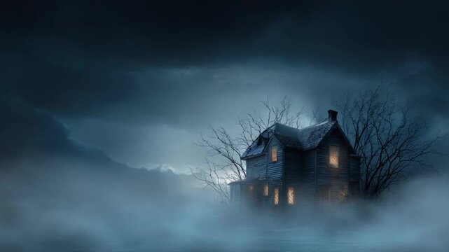 Spooky House: An eerie house sits perched ominously, enveloped in a haunting fog, the dim glow of its windows offering a chilling contrast to the surrounding darkness.