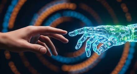 Human Hand and Robotic Hand: The image showcases a thought-provoking scene where a human hand almost touches a robotic hand, evoking themes of artificial intelligence, technological advancement.