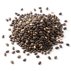 A pile of small, dark chia seeds, a highly nutritious superfood, isolated on a white background, perfect for healthy eating and culinary uses