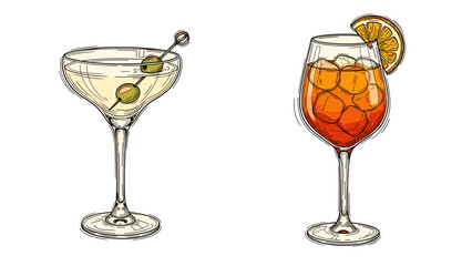 Elegant illustration of two cocktail glasses with refreshing beverages and garnish