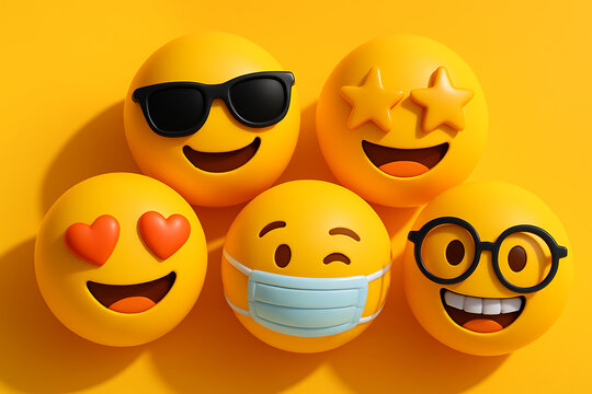 Colorful 3d emoji faces with different expressions including love, sunglasses, mask, glasses, and star eyes on yellow background