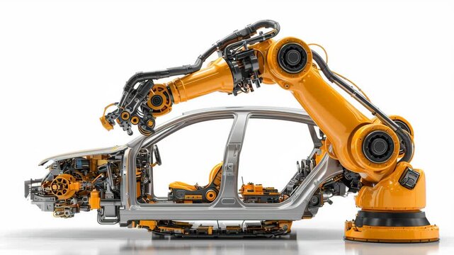 Industrial robotic arm assembling car frame with mechanical parts in automotive manufacturing factory, advanced automation technology enhancing vehicle production line efficiency and precision