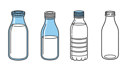 Simple vector illustration of different types of bottles for milk or water